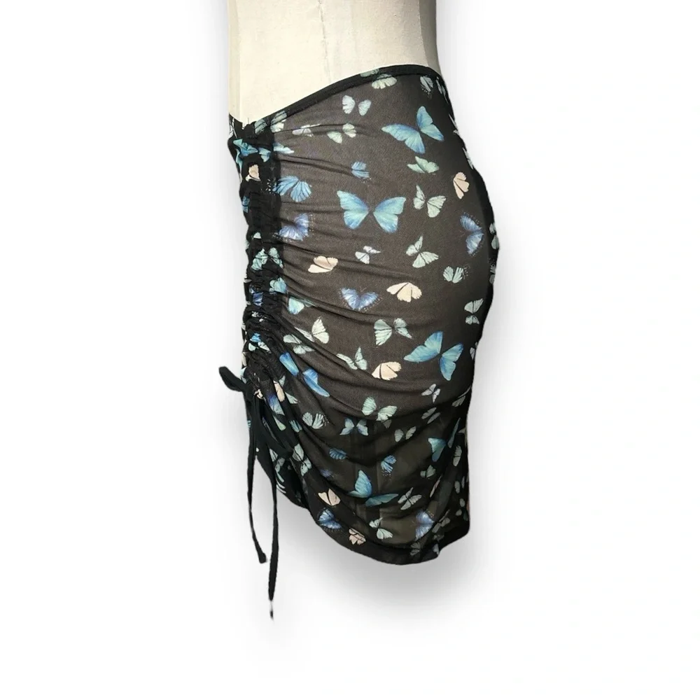Butterfly print Mesh Cover Up with Drawstring Detail